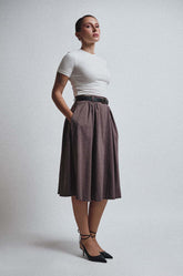GATHER DETAILED MIDI SKIRT - BROWN